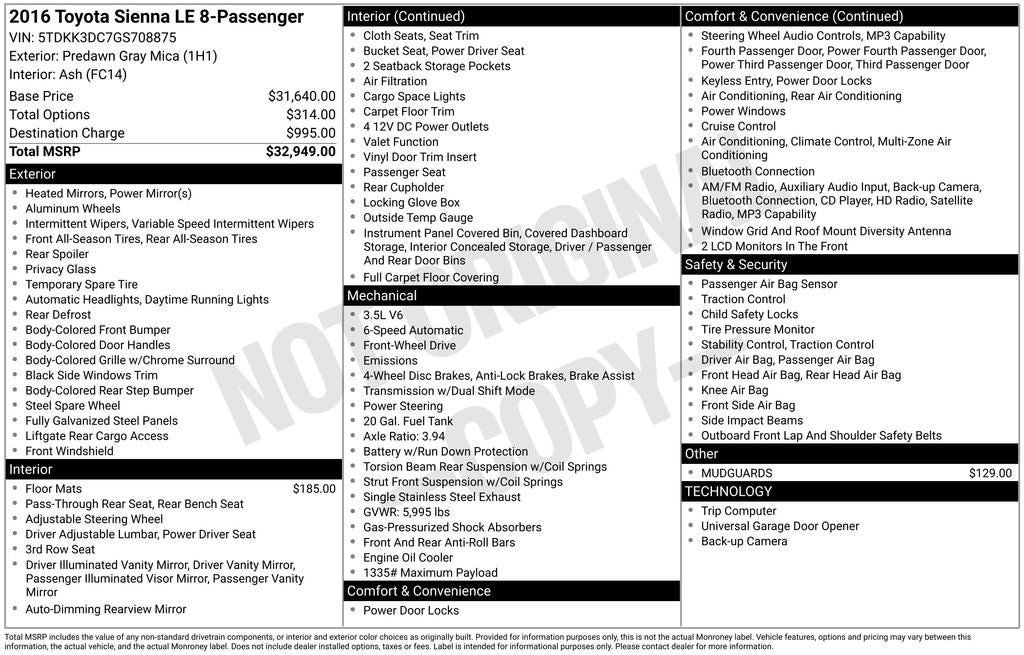 2016 Toyota Sienna LE 8 Passenger